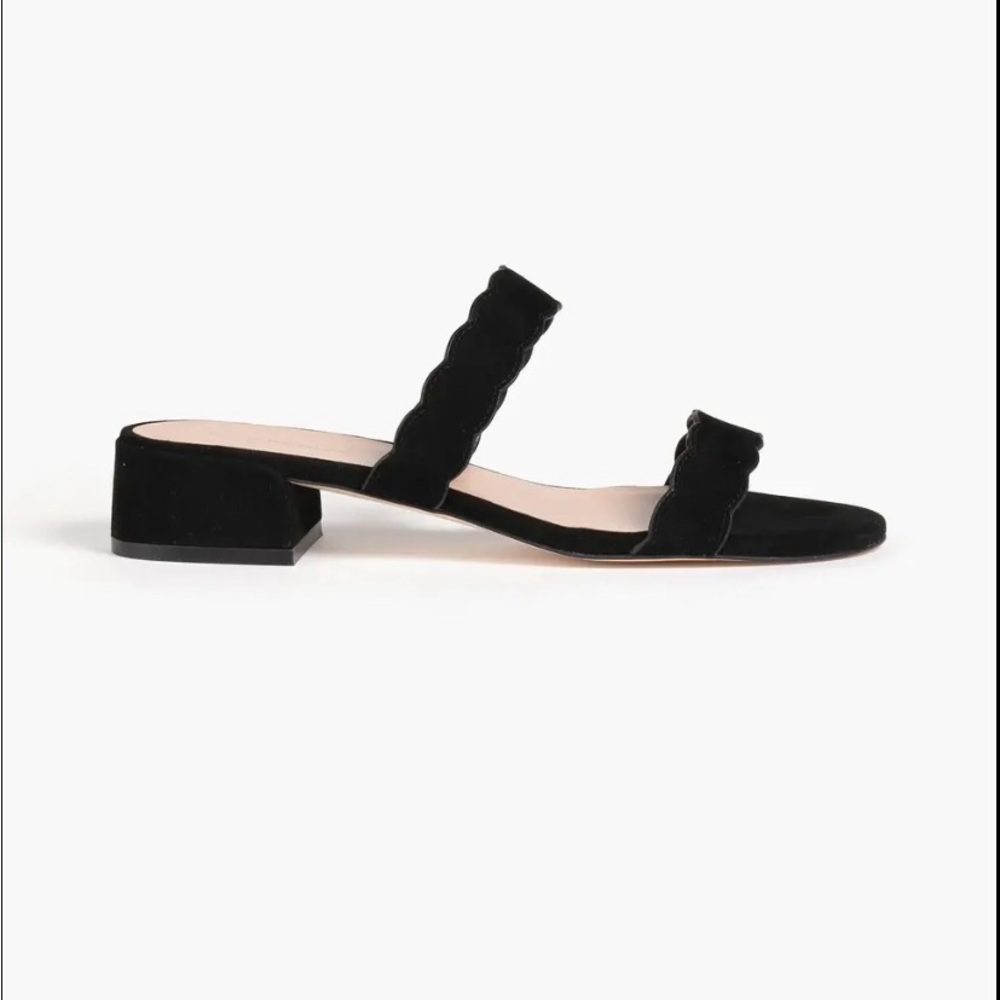 NWT Stuart Weitzman ‘Santorini’ Black Suede Scalloped Sandals, Size 6.5